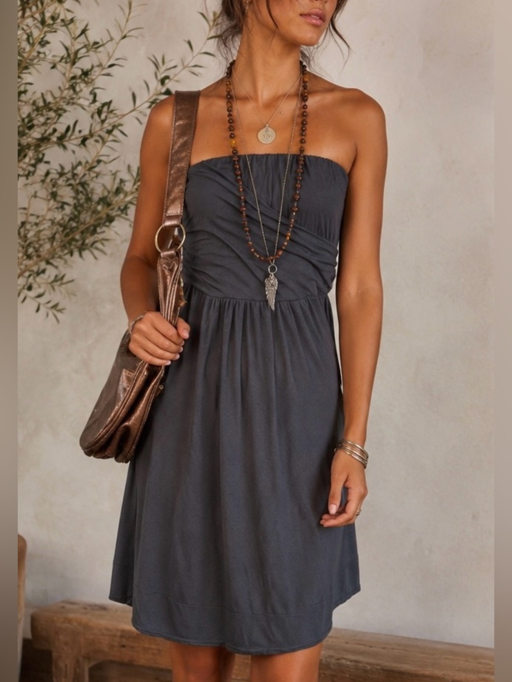 THE LIMITED Strapless Mini Dress/Cover Up Charcoal Gray Boho Soft Knit | S/M